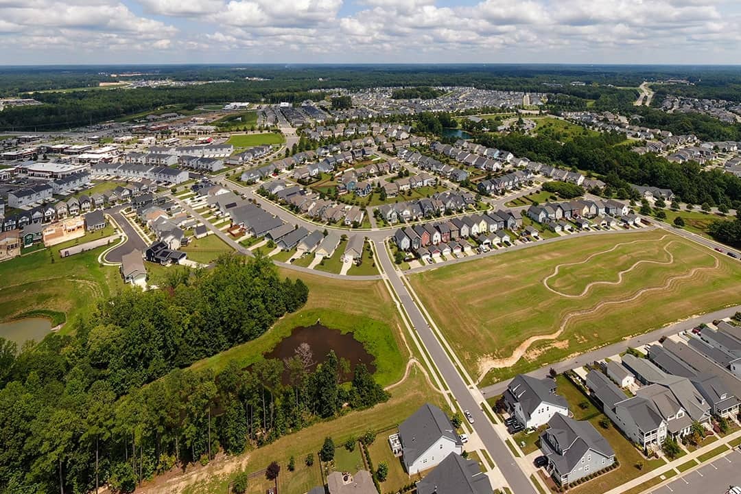 Aerial view of the New Wendell Falls development in North Carolina.